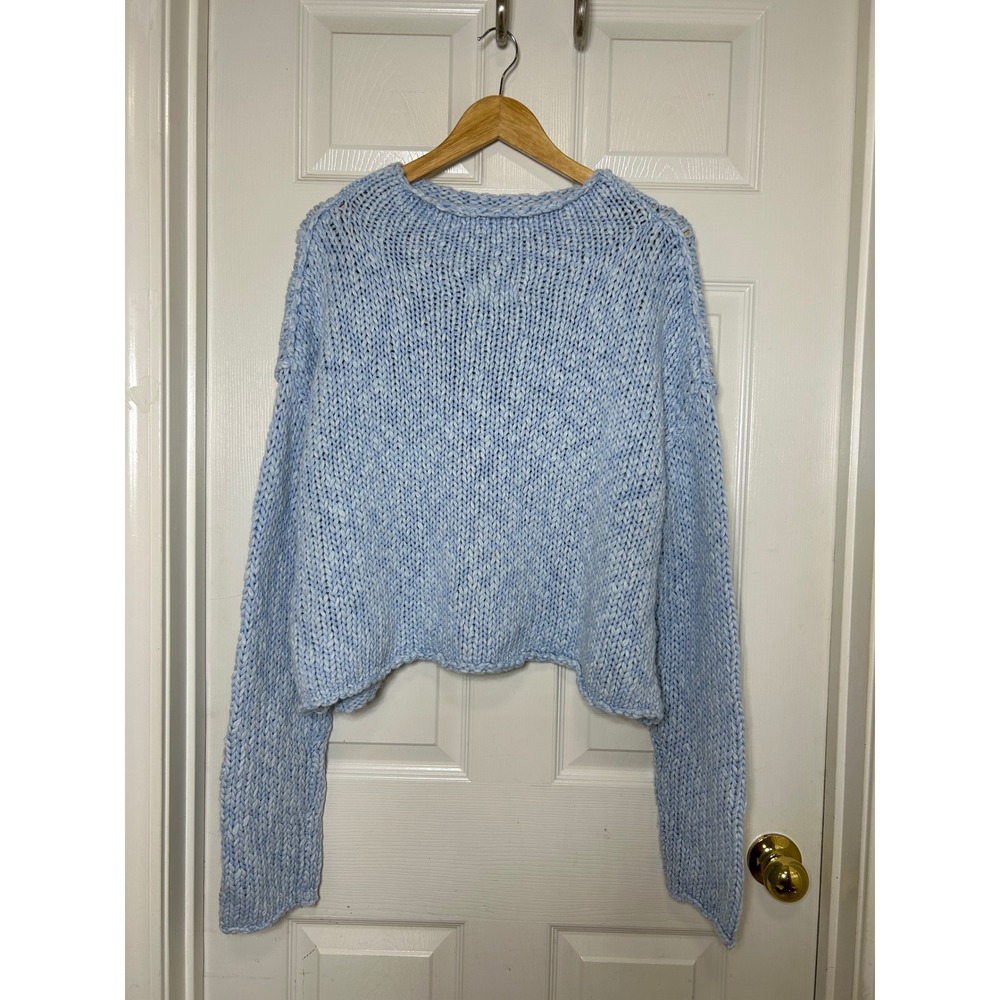 Free People Cotton Blend Opal Rollneck Blue Cozy Boho Relaxing Knit Sweater L - Picture 4 of 10